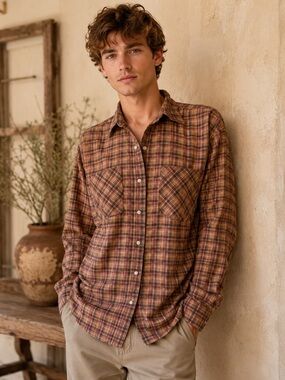 Vintage Unisex Haband Brown Autumn Plaid Snap Down Flannel